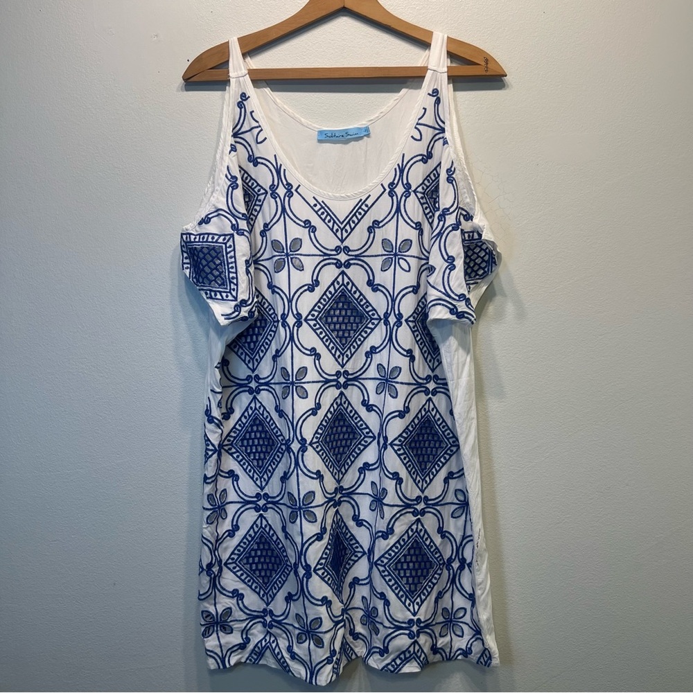 Solitaire Swim Embroidered Cover Up Cold Shoulder White Tunic Dress  Sz L